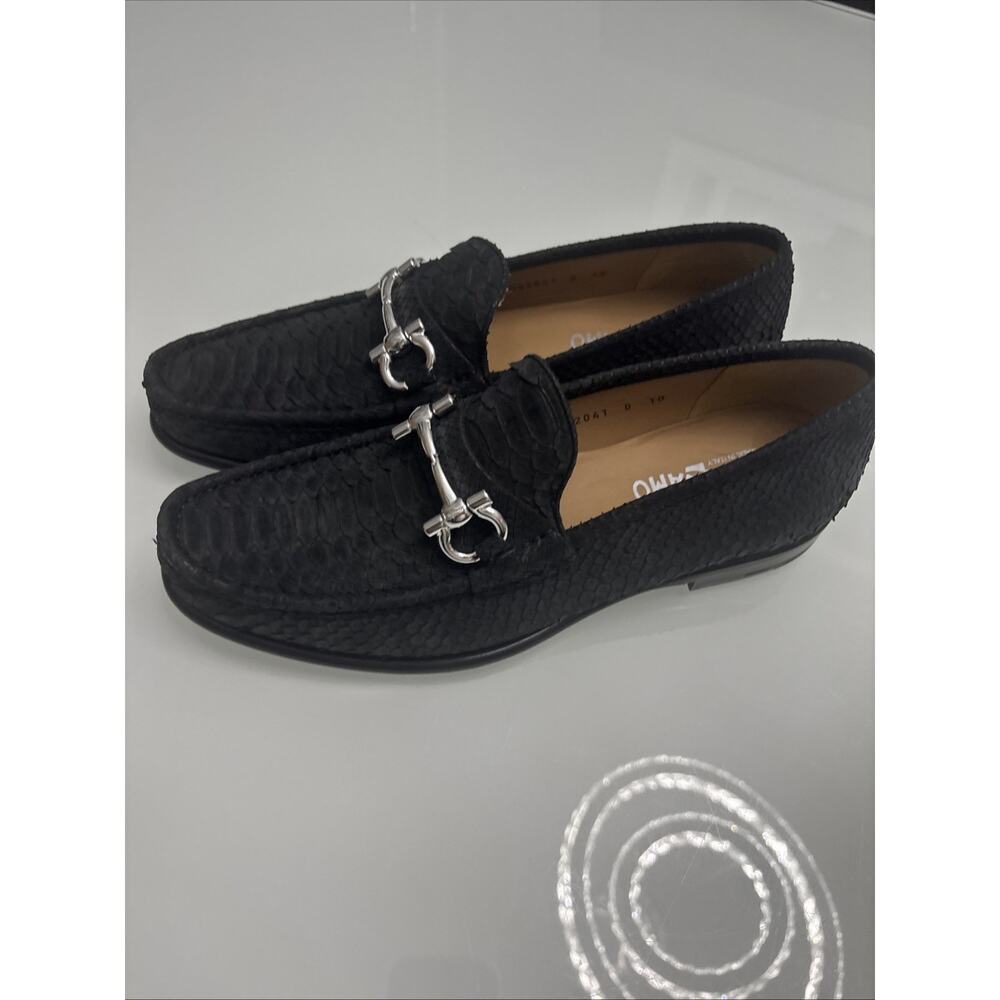 Ferragamo Suede Snake Python Pattern Black Loafer… - image 5